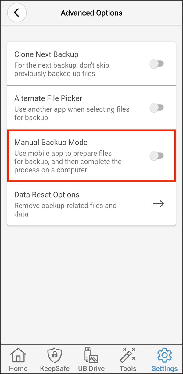 Advanced Options with Manual Backup Mode highlighted