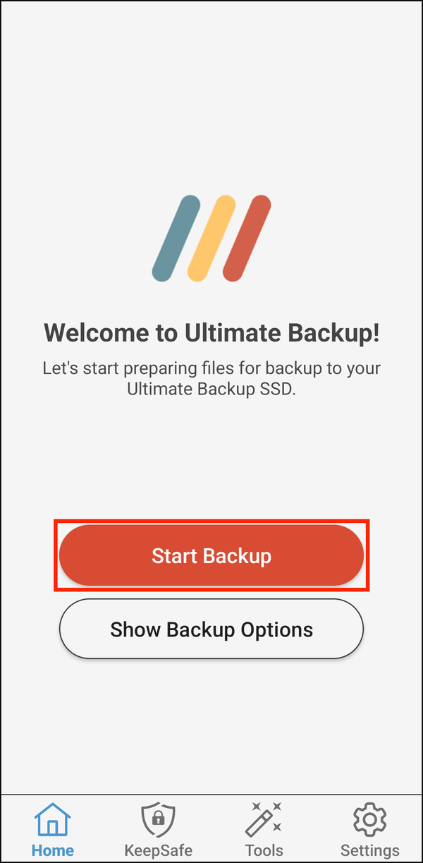 Home screen in Manual Backup Mode with Start Backup highlighted