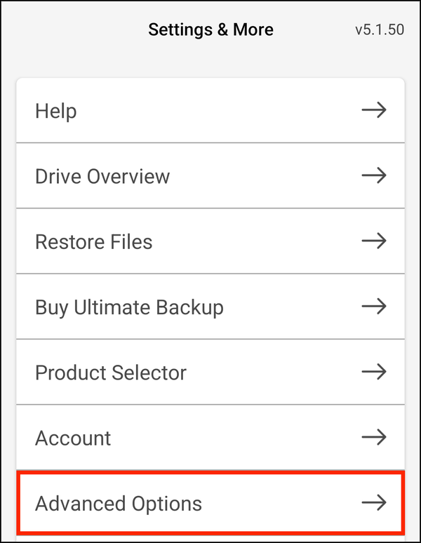 Settings with Advanced Options highlighted
