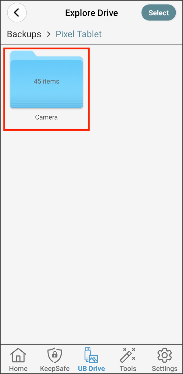 A device's folder in Explore Drive with its Camera folder highlighted