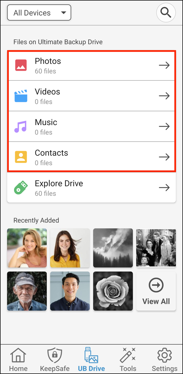 UB Drive with Photos, Videos, Music and Contacts highlighted