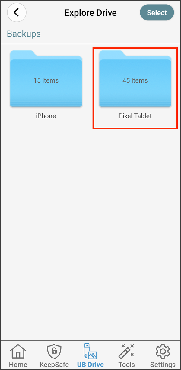 Explore Drive showing a folder for each backed-up device
