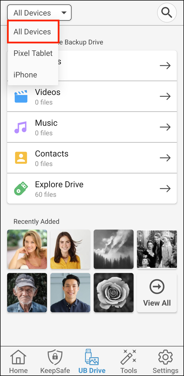 Device menu with All Devices highlighted