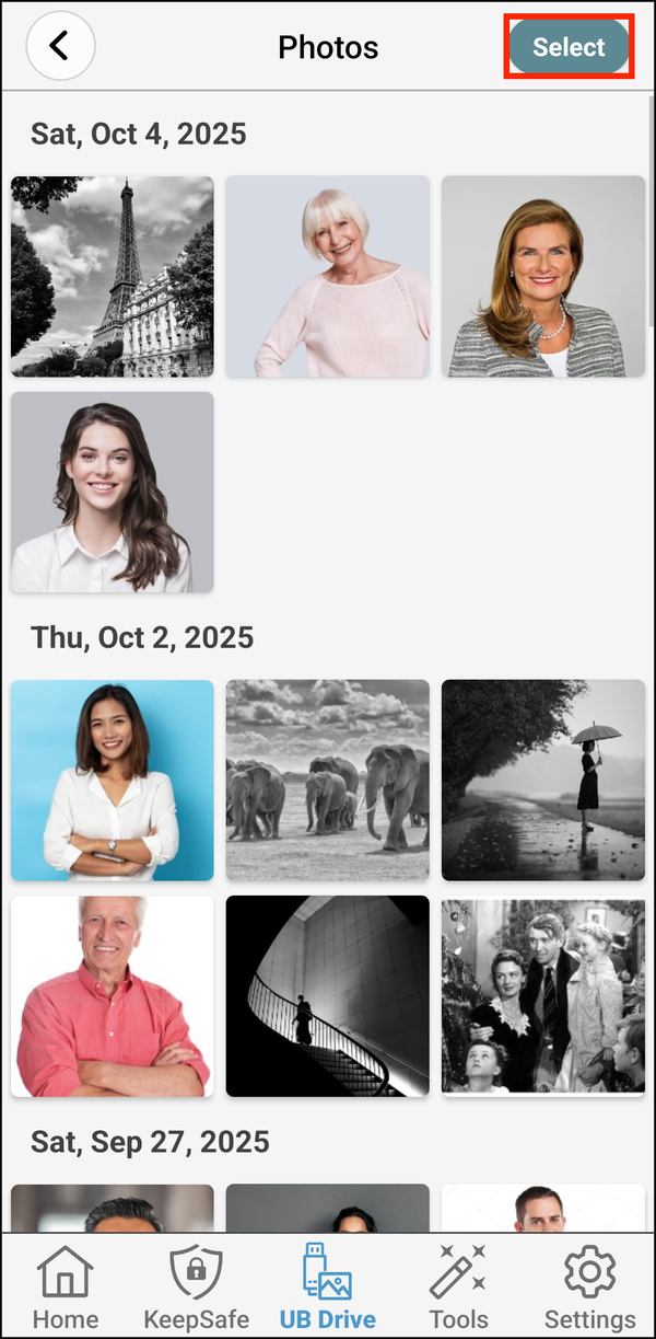 Photos with Select highlighted