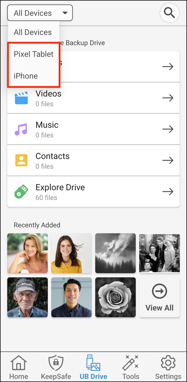 Device menu with each backed-up device highlighted