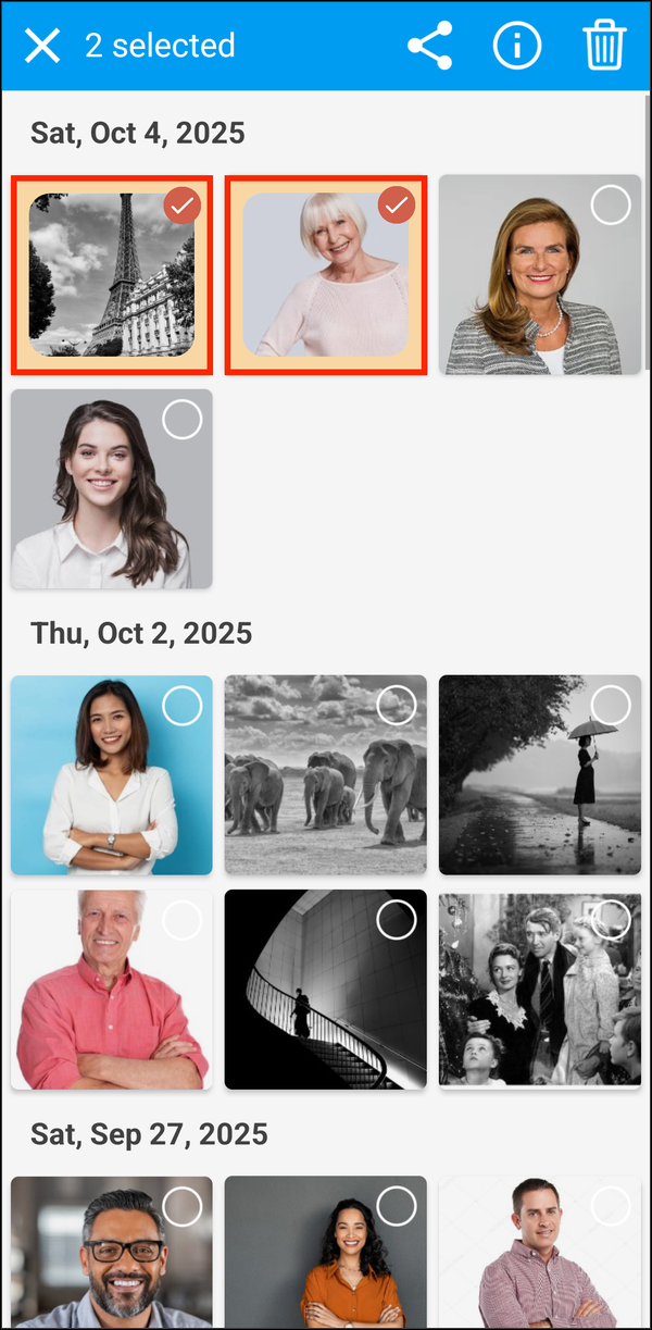 Two photos selected, with their checkmarks highlighted