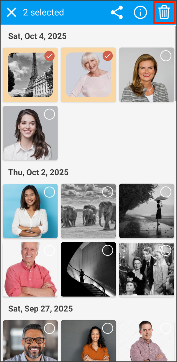 Two photos selected, with the trash can highlighted