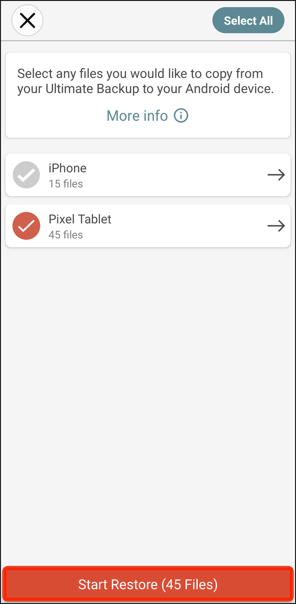 A device selected, with Start Restore highlighted