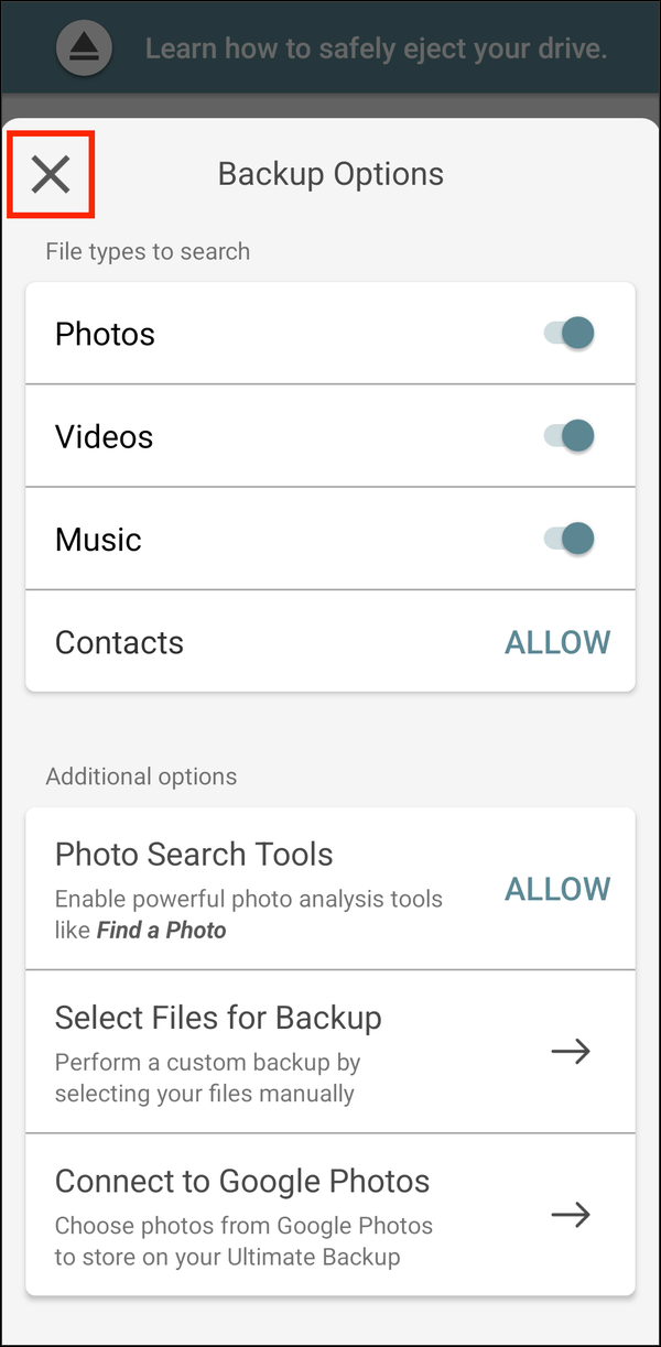 Backup Options with the X highlighted