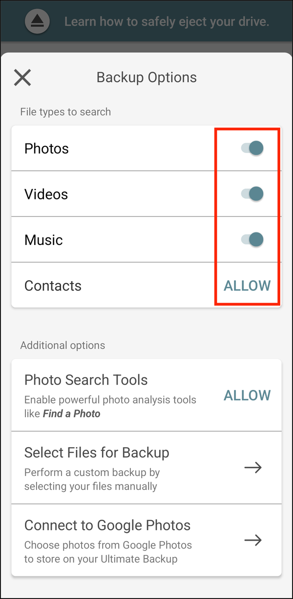Backup Options with the file type switches and Contacts' ALLOW highlighted