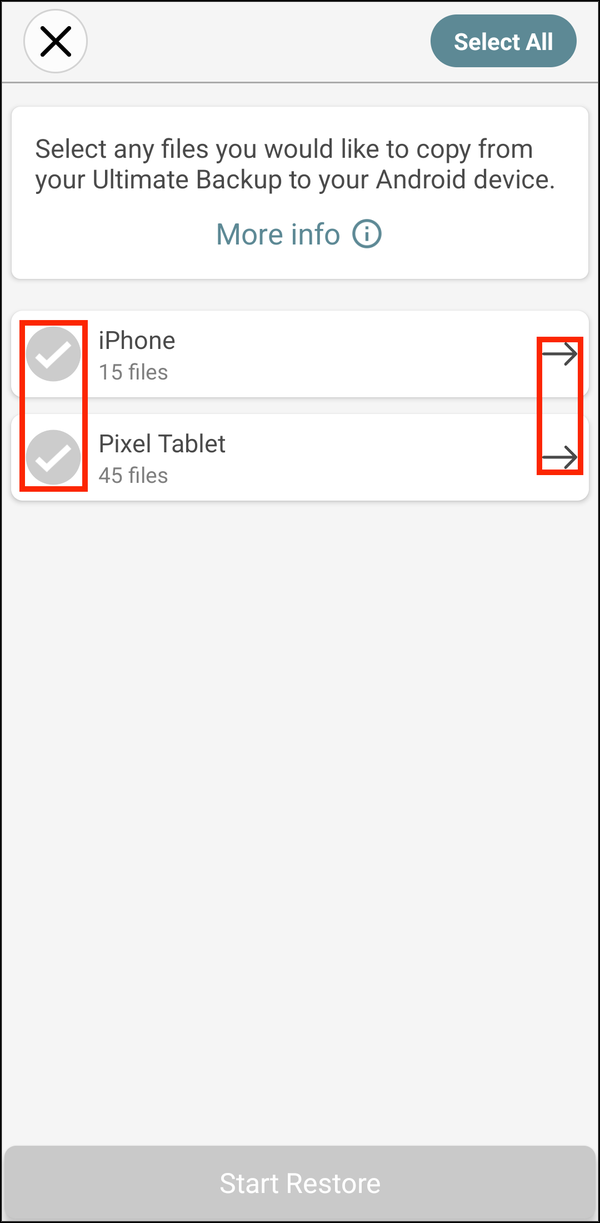 Restore Files with each device's check mark and arrow highlighted