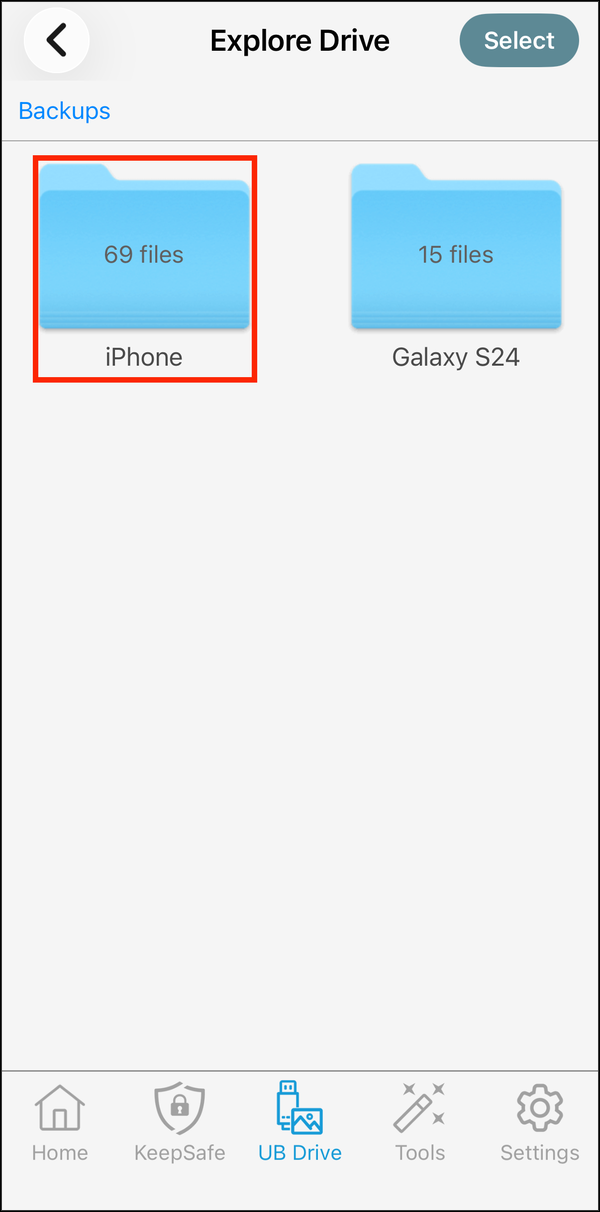 Explore Drive showing a folder for each backed-up device