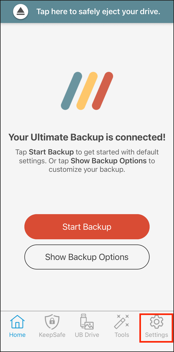 Home screen with the Settings tab highlighted