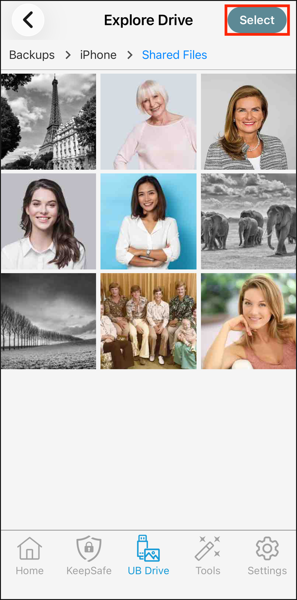 Shared Files in Explore Drive with Select highlighted