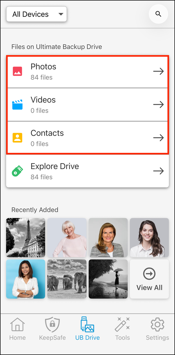 UB Drive with Photos, Videos and Contacts highlighted