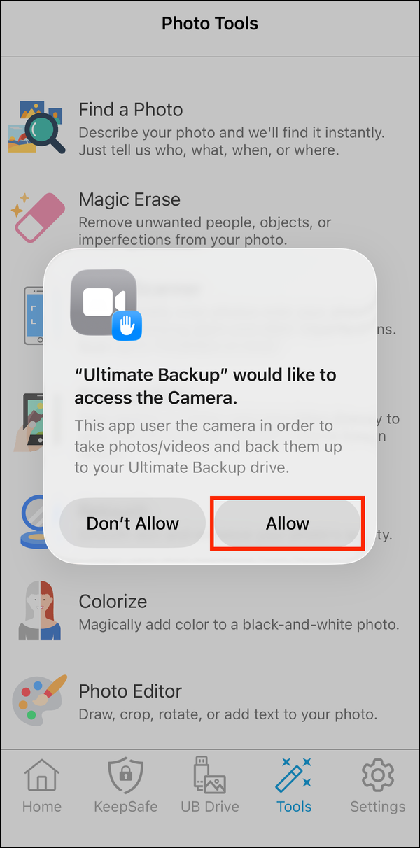 Camera permission prompt with Allow highlighted