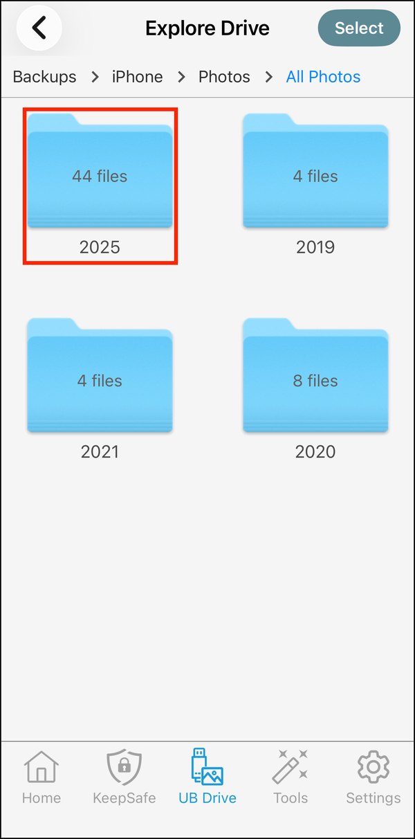 A device's photos in Explore Drive, by year