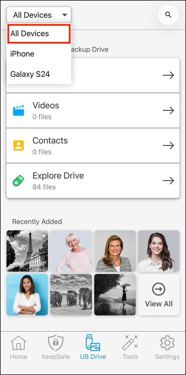 Device menu with All Devices highlighted