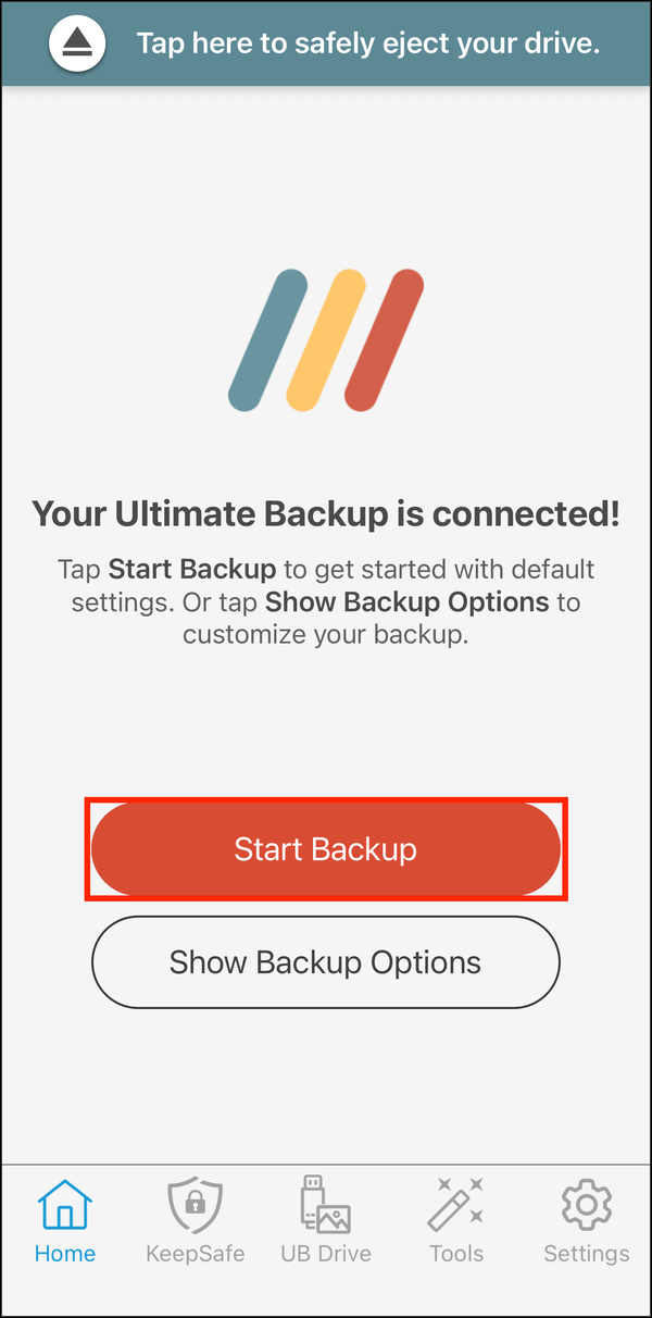 Home screen with Start Backup highlighted
