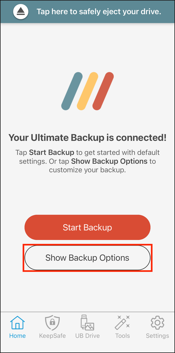 Home screen with Show Backup Options highlighted