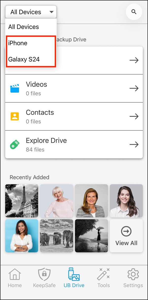 Device menu with each backed-up device highlighted