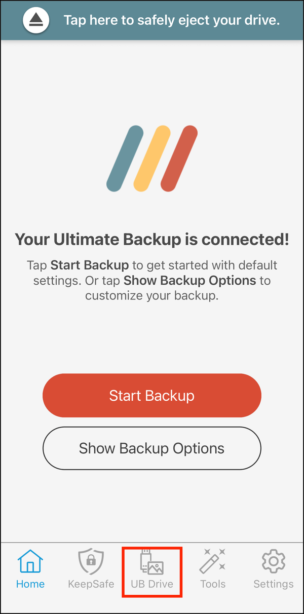 Home screen with the UB Drive tab highlighted