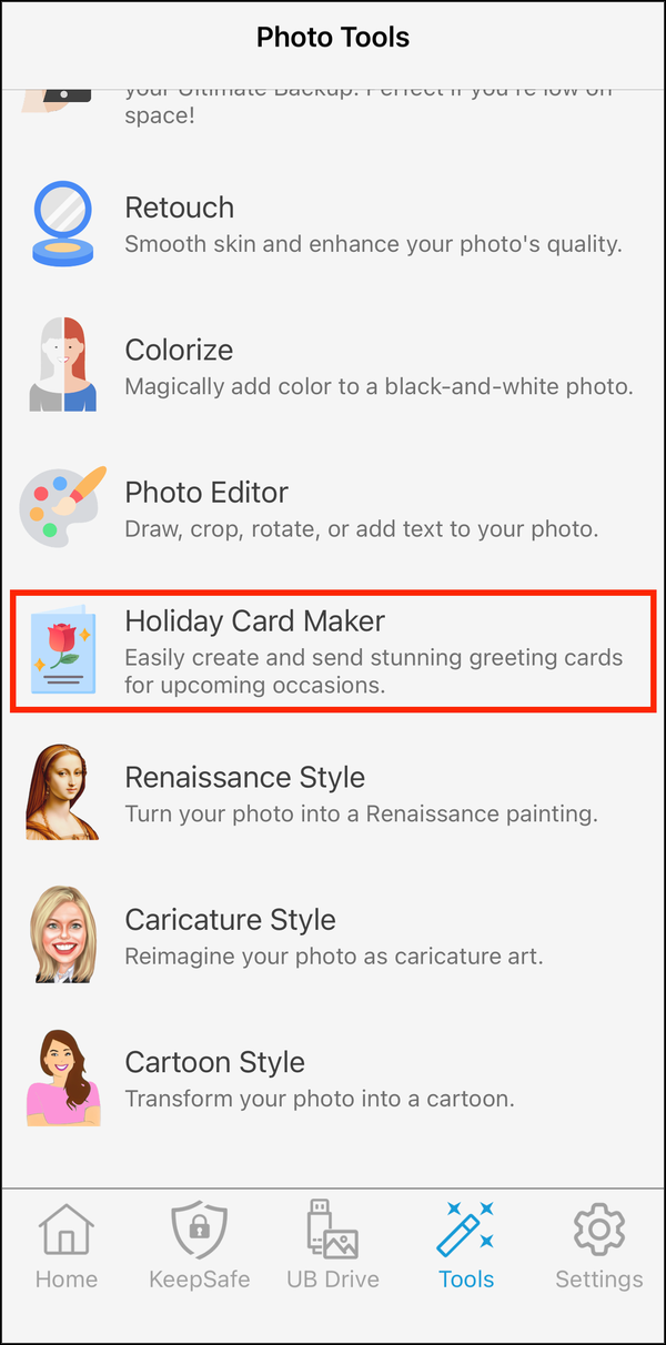Photo Tools with Holiday Card Maker highlighted
