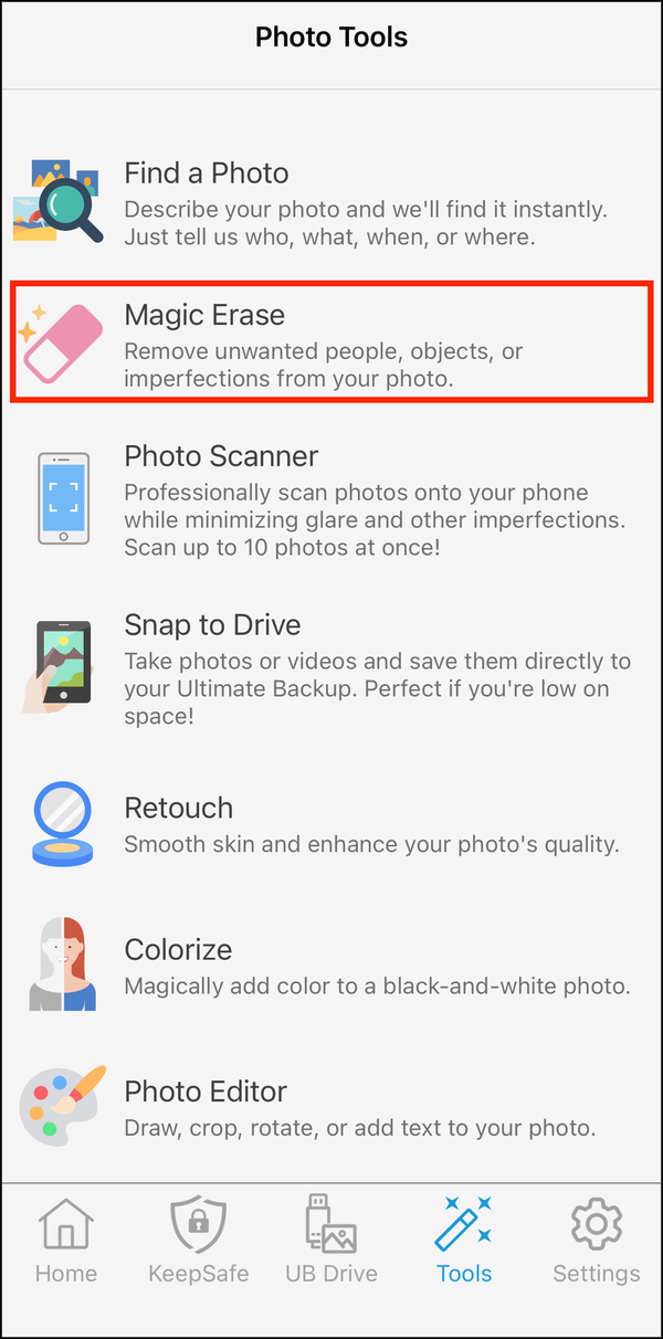 Photo Tools with Magic Erase highlighted