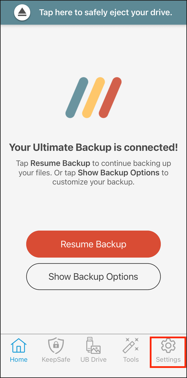 Home screen with the Settings tab highlighted