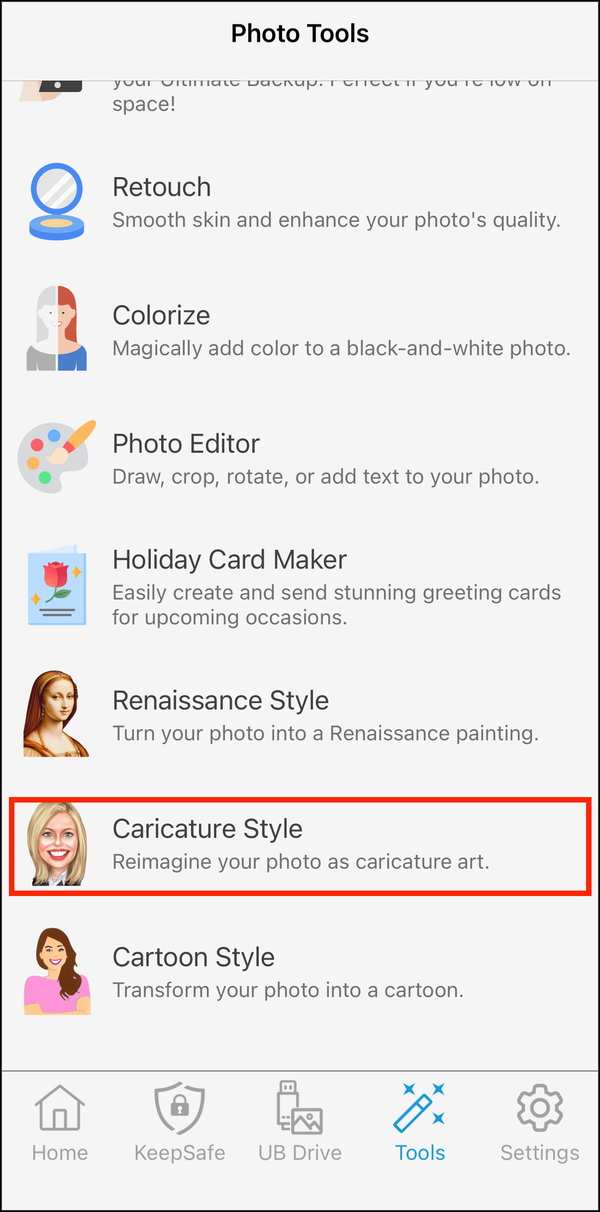 Photo Tools with Caricature Style highlighted