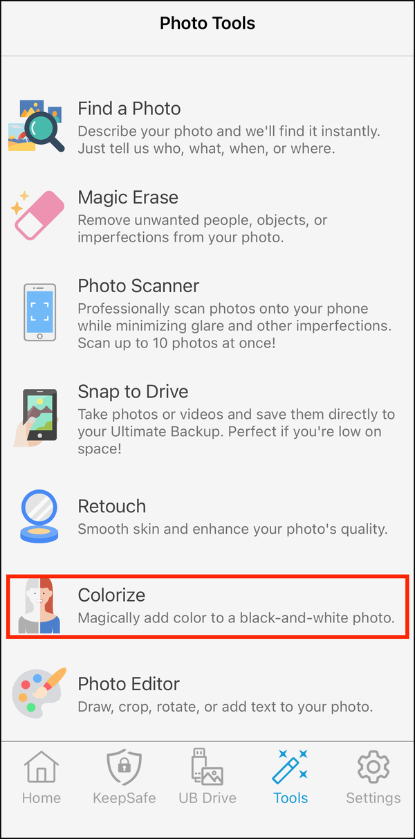 Photo Tools with Colorize highlighted
