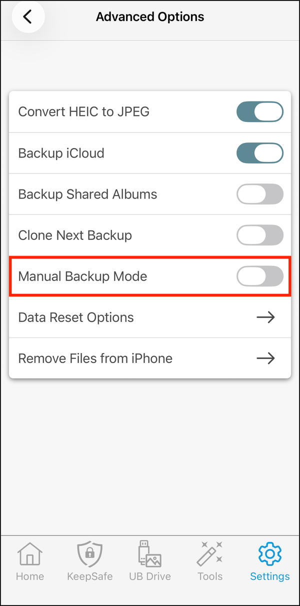 Advanced Options with Manual Backup Mode highlighted