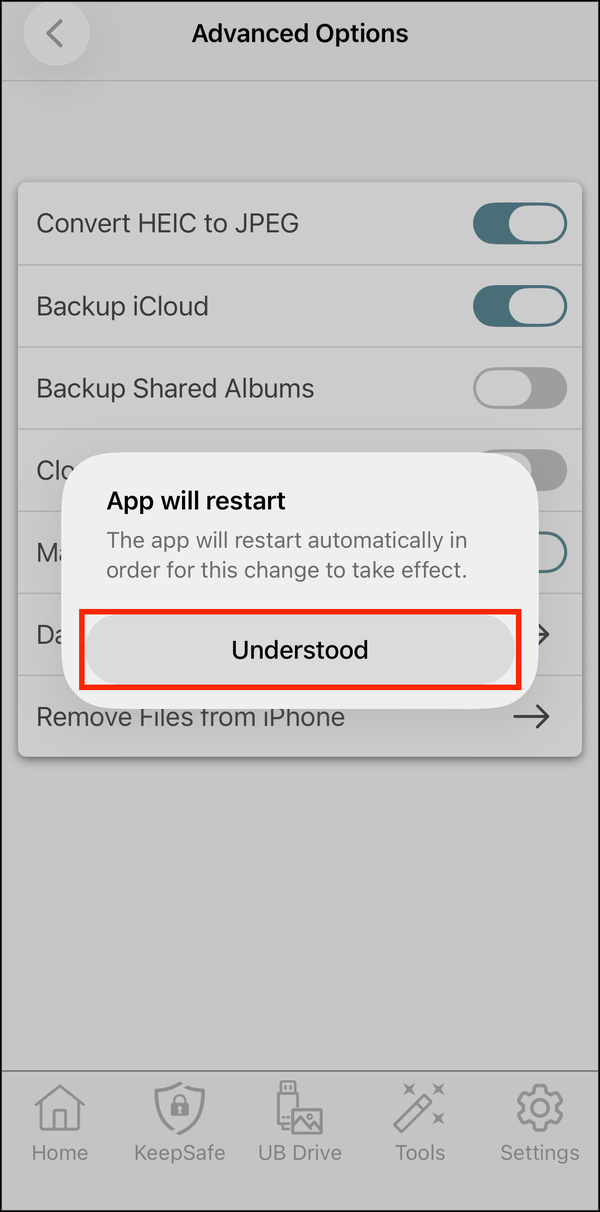 App will restart prompt with Understood highlighted