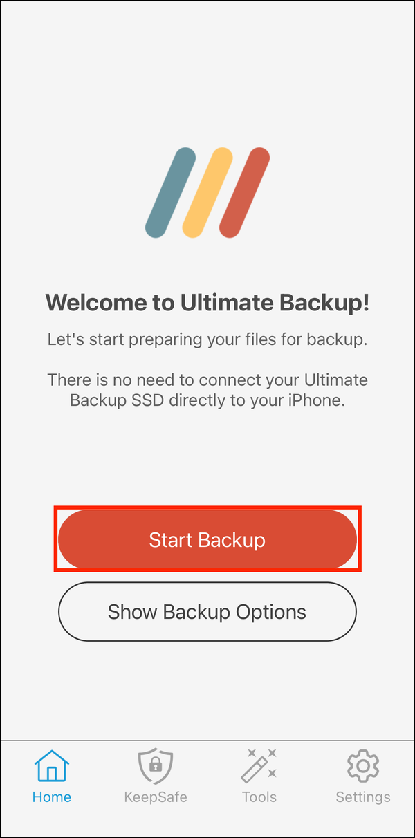 Home screen in Manual Backup Mode with Start Backup highlighted