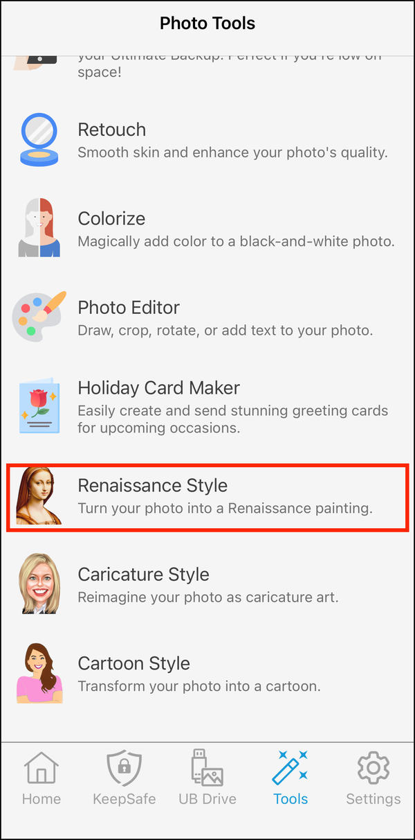 Photo Tools with Renaissance Style highlighted