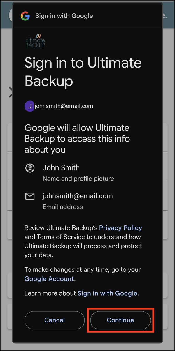 Sign in to Ultimate Backup, with Continue highlighted