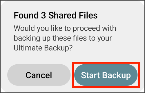 Found 3 Shared Files alert with Start Backup highlighted