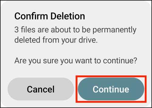 The second delete prompt, Confirm Deletion, with Continue highlighted