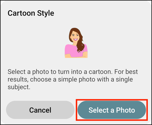 The Cartoon Style prompt, with Select a Photo highlighted