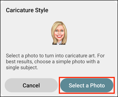 The Caricature Style prompt, with Select a Photo highlighted