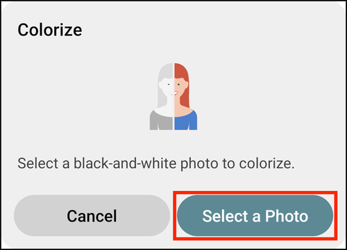 The Colorize prompt, with Select a Photo highlighted