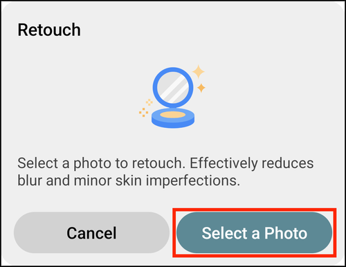The Retouch prompt, with Select a Photo highlighted