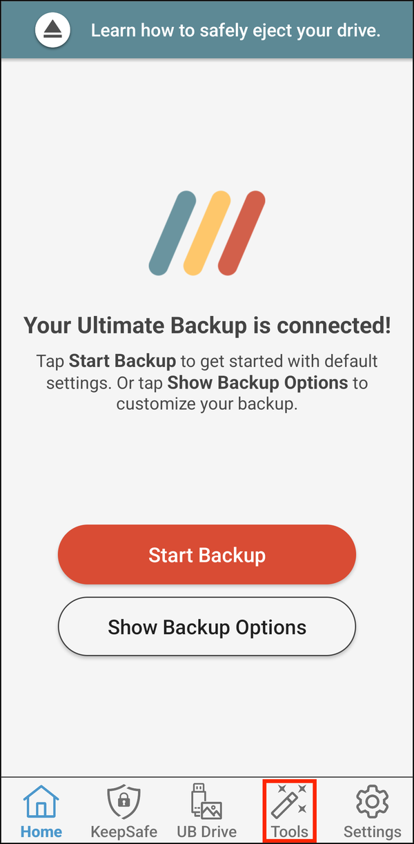 Home screen with the Tools tab highlighted