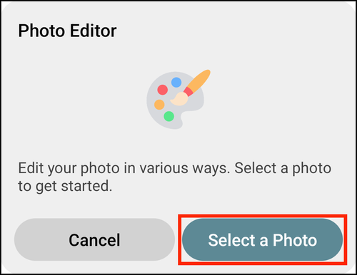 The Photo Editor prompt, with Select a Photo highlighted