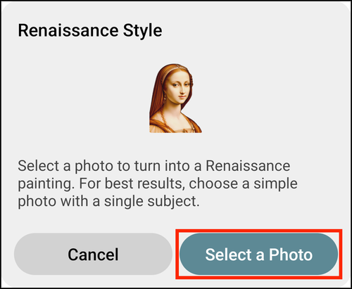 The Renaissance Style prompt, with Select a Photo highlighted