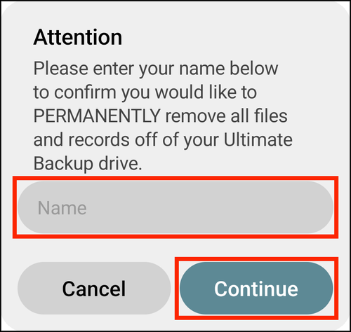 The name prompt, with the Name field and Continue highlighted