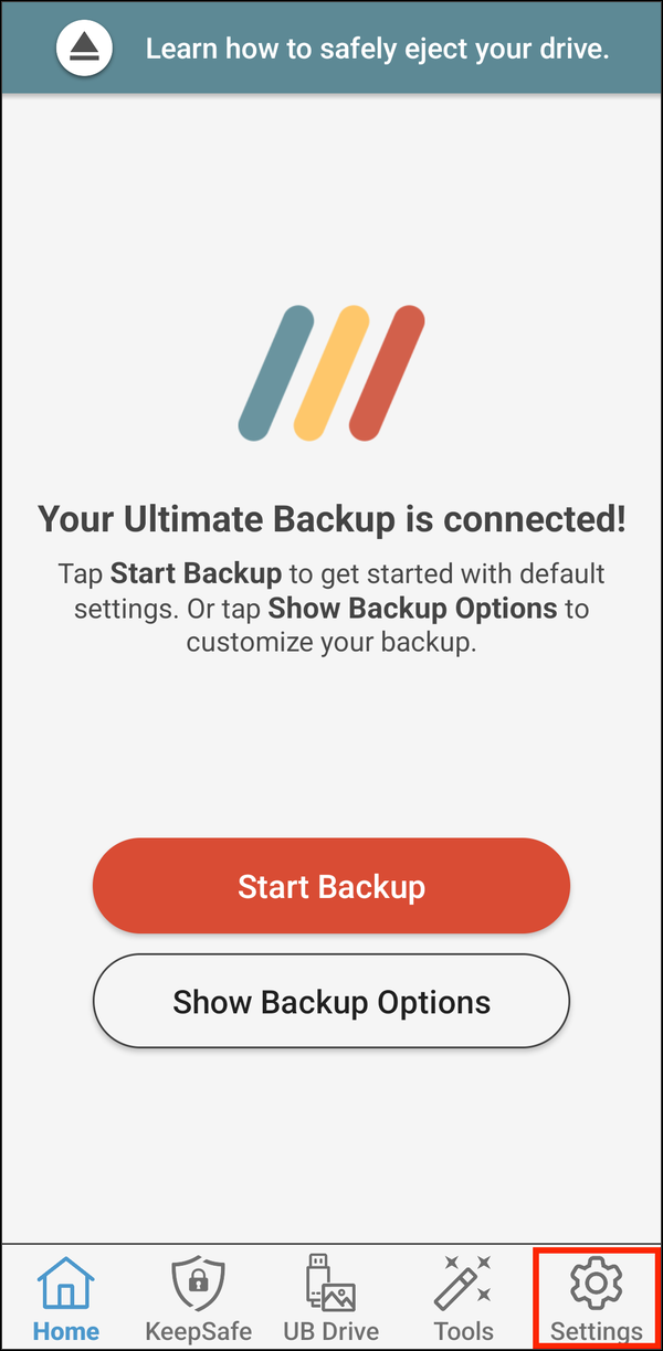 Home screen with the Settings tab highlighted