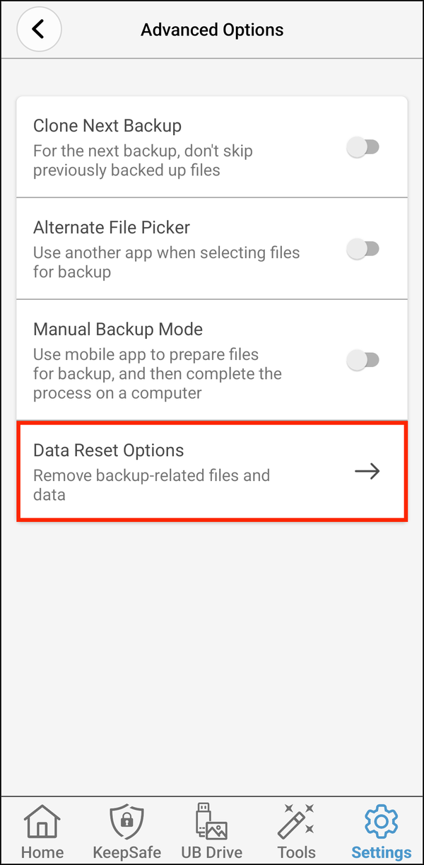 Advanced Options with Data Reset Options highlighted