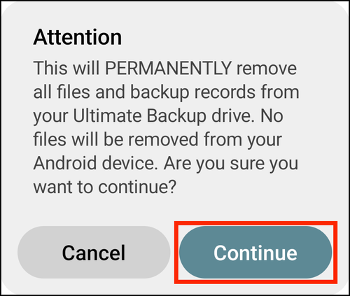 The Factory Reset prompt, Attention, with Continue highlighted