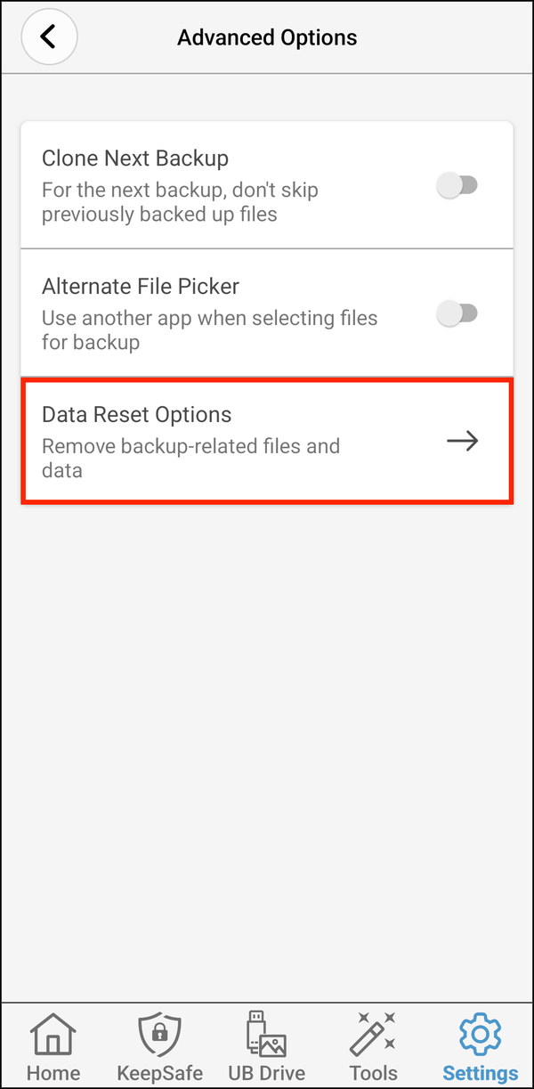 Advanced Options with Data Reset Options highlighted